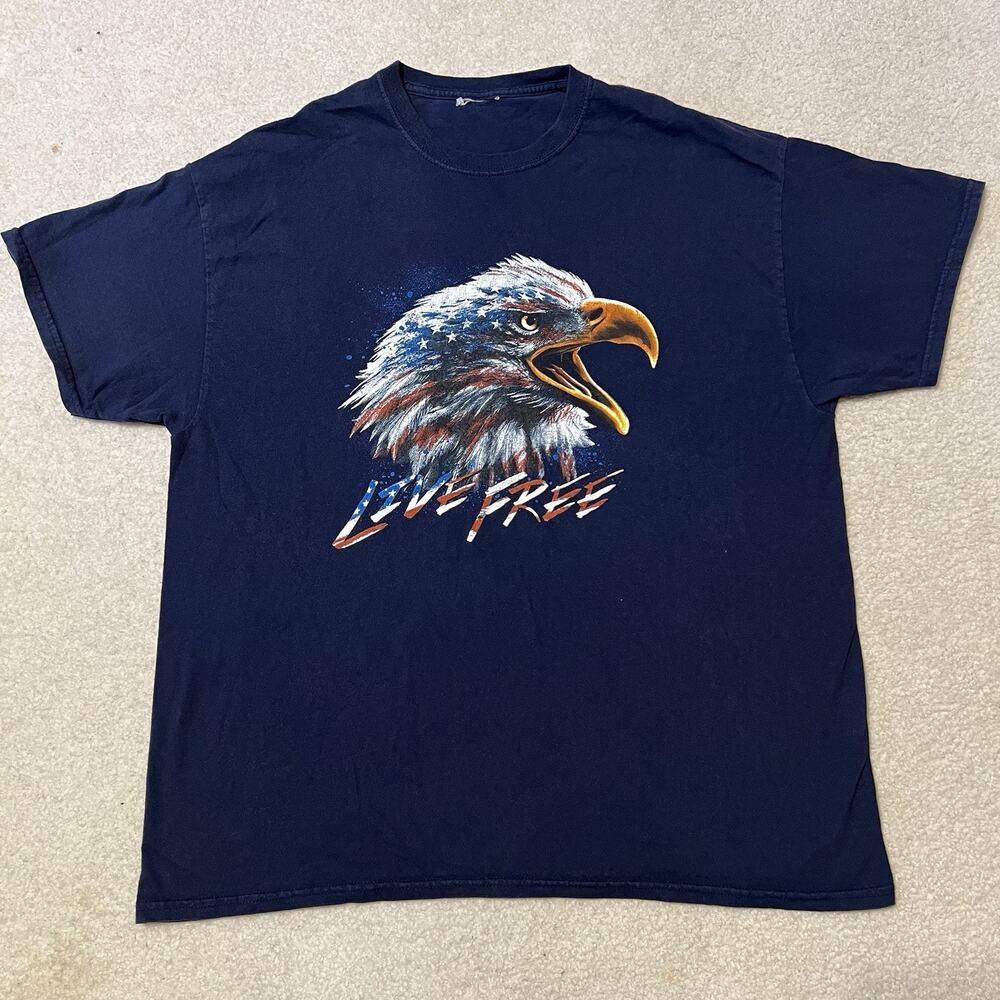 Live Free Bald Eagle Graphic T Shirt Patriotic Americana USA Navy Blue Adult XL